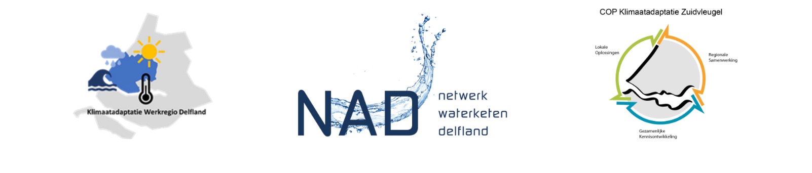 Afbeelding met de drie logo's van de waternetwerken in Regio Delfland. Het zijn klimaatadaptatie werkregio delfland, netwerk waterketen delfland en COP klimaatadaptatie Zuidvleugel